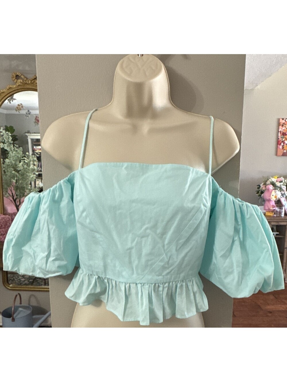 Zara Blue Off Shoulder Smocked Ruffle Puff Sleeve Cropped Blouse Women's Size L